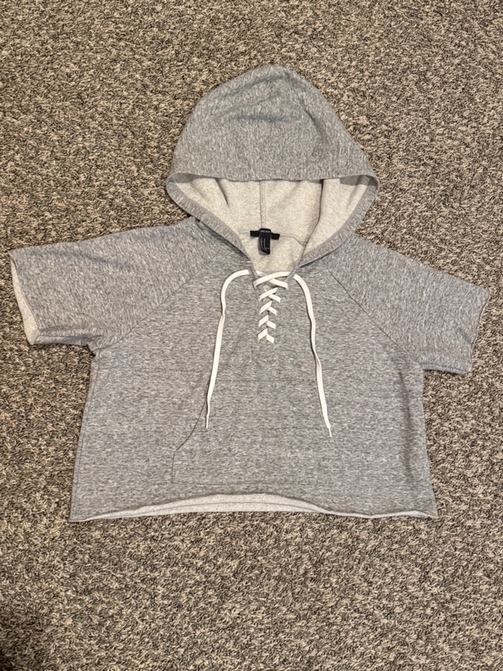 Womens Gray Short-Sleeve Hooded Lace-Up Crop Top